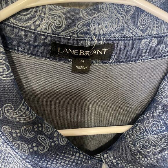 Lane Bryant womens 28 long sleeve button up chambray top lyocell geometric - Picture 3 of 8